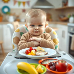 A playful scene depicting a cute baby sitting in a high chair, looking adorably stubborn as they refuse to eat fruits and fish