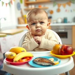 A playful scene depicting a cute baby sitting in a high chair, looking adorably stubborn as they refuse to eat fruits and fish
