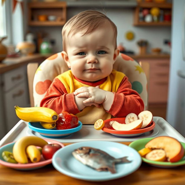 A playful scene depicting a cute baby sitting in a high chair, looking adorably stubborn as they refuse to eat fruits and fish