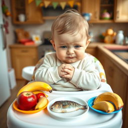 A playful scene depicting a cute baby sitting in a high chair, looking adorably stubborn as they refuse to eat fruits and fish