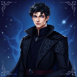 A striking character portrait of Rhysand from 'A Court of Thorns and Roses', showcasing his distinctive features and attire