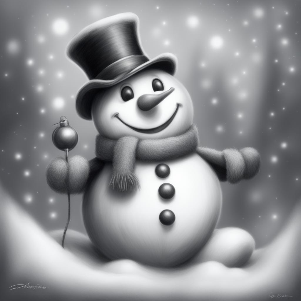 A charming black and white graphite pencil drawing in the style of Disney cartoons, featuring a Christmas snowman