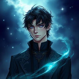 A striking character portrait of Rhysand from 'A Court of Thorns and Roses', showcasing his distinctive features and attire