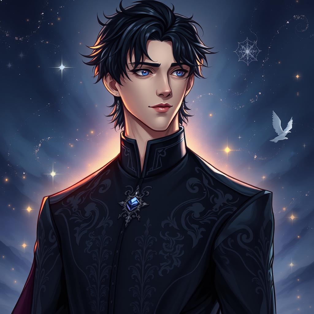 A striking character portrait of Rhysand from 'A Court of Thorns and Roses', showcasing his distinctive features and attire