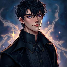A striking character portrait of Rhysand from 'A Court of Thorns and Roses', showcasing his distinctive features and attire