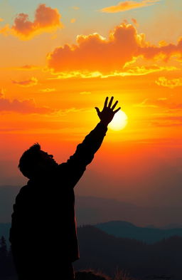 A digital painting depicting the shadow of a man reaching towards a vibrant and inspiring goal