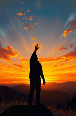 A digital painting depicting the shadow of a man reaching towards a vibrant and inspiring goal