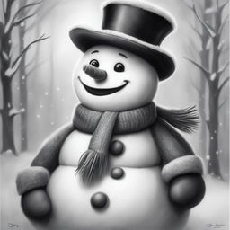 A charming black and white graphite pencil drawing in the style of Disney cartoons, featuring a Christmas snowman