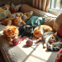 A cozy scene featuring several adorable cats playing and napping on a soft, plush sofa