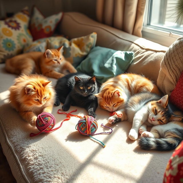 A cozy scene featuring several adorable cats playing and napping on a soft, plush sofa