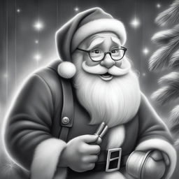 A charming black and white graphite pencil drawing in the style of Disney cartoons, featuring a cute depiction of Santa Claus