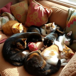 A cozy scene featuring several adorable cats playing and napping on a soft, plush sofa