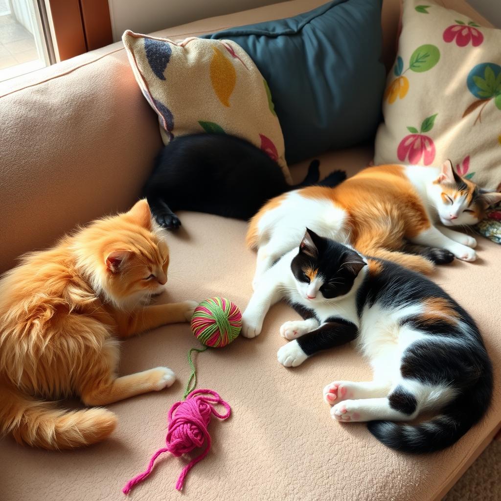 A cozy scene featuring several adorable cats playing and napping on a soft, plush sofa