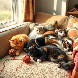 A cozy scene featuring several adorable cats playing and napping on a soft, plush sofa