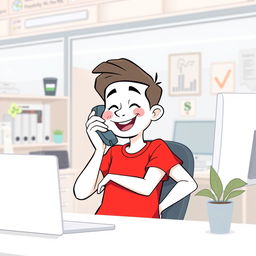 A cartoon character with a white color scheme, sitting in an office environment, wearing a bright red T-shirt