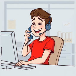 A cartoon character with a white color scheme, sitting in an office environment, wearing a bright red T-shirt