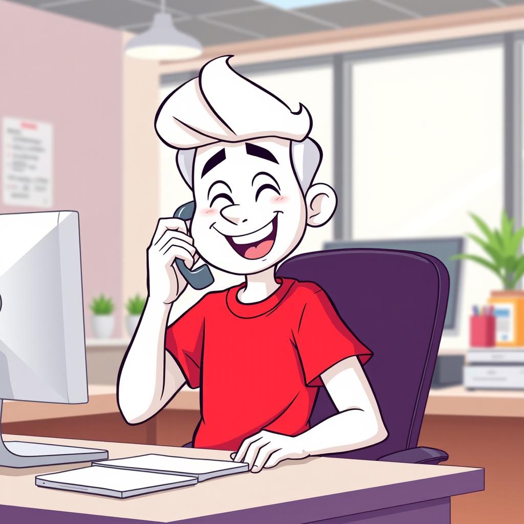 A cartoon character with a white color scheme, sitting in an office environment, wearing a bright red T-shirt