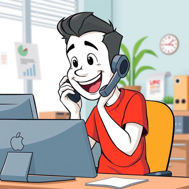 A cartoon character with a white color scheme, sitting in an office environment, wearing a bright red T-shirt