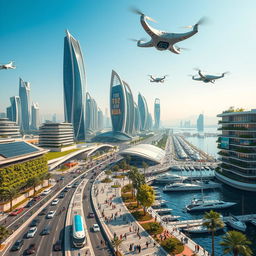 A futuristic cityscape of Bandar Mahshahr, Khuzestan, Iran, showcasing advanced architecture and urban design five decades into the future