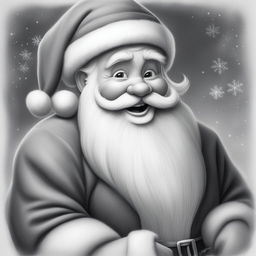 A charming black and white graphite pencil drawing in the style of Disney cartoons, featuring a cute depiction of Santa Claus