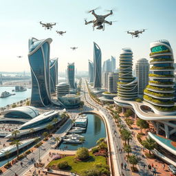 A futuristic cityscape of Bandar Mahshahr, Khuzestan, Iran, showcasing advanced architecture and urban design five decades into the future