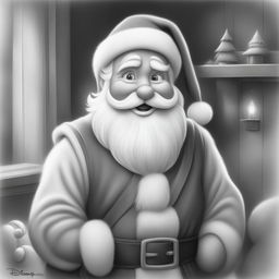 A charming black and white graphite pencil drawing in the style of Disney cartoons, featuring a cute depiction of Santa Claus