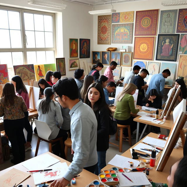 A vibrant art classroom at the University of Tehran, filled with students of diverse backgrounds engaged in various artistic activities