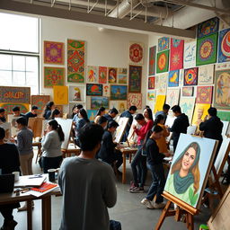 A vibrant art classroom at the University of Tehran, filled with students of diverse backgrounds engaged in various artistic activities