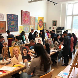 A vibrant art classroom at the University of Tehran, filled with students of diverse backgrounds engaged in various artistic activities