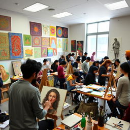 A vibrant art classroom at the University of Tehran, filled with students of diverse backgrounds engaged in various artistic activities