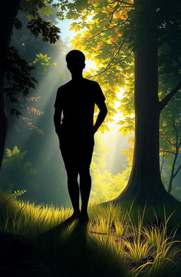 A digital painting showcasing the shadow of a person standing with one side in darkness and the other in bright light, surrounded by a lush natural environment