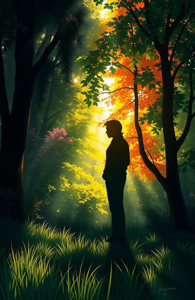 A digital painting showcasing the shadow of a person standing with one side in darkness and the other in bright light, surrounded by a lush natural environment