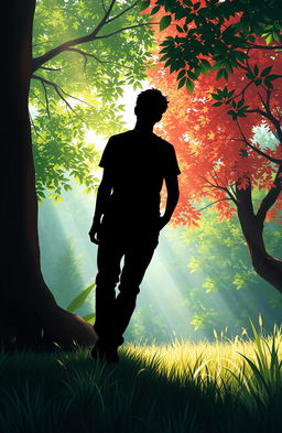 A digital painting showcasing the shadow of a person standing with one side in darkness and the other in bright light, surrounded by a lush natural environment