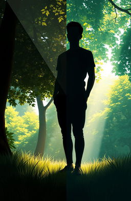 A digital painting showcasing the shadow of a person standing with one side in darkness and the other in bright light, surrounded by a lush natural environment