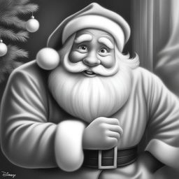 A charming black and white graphite pencil drawing in the style of Disney cartoons, featuring a cute depiction of Santa Claus