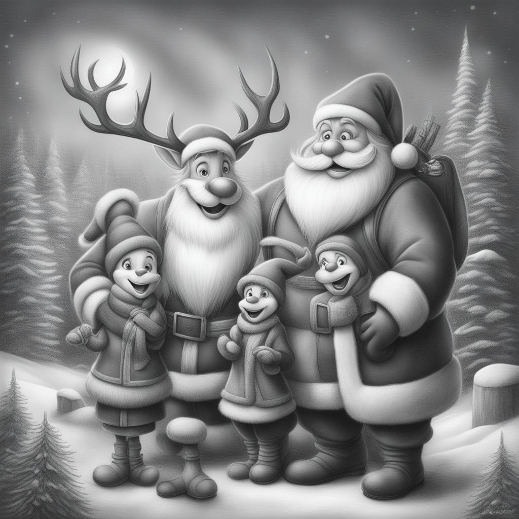 A charming black and white graphite pencil drawing in the style of Disney cartoons, featuring a delightful Christmas scene with Santa, a Christmas tree, elves, a reindeer, and a snowman