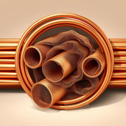 A detailed illustration of copper gauze rolls artistically arranged in concentric bundles of copper tubes