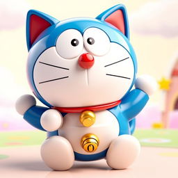 A highly detailed 3D model of Doraemon, the robotic cat from the popular anime, showcasing its iconic blue and white colors, large round face, and expressive eyes