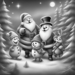 A charming black and white graphite pencil drawing in the style of Disney cartoons, featuring a delightful Christmas scene with Santa, a Christmas tree, elves, a reindeer, and a snowman