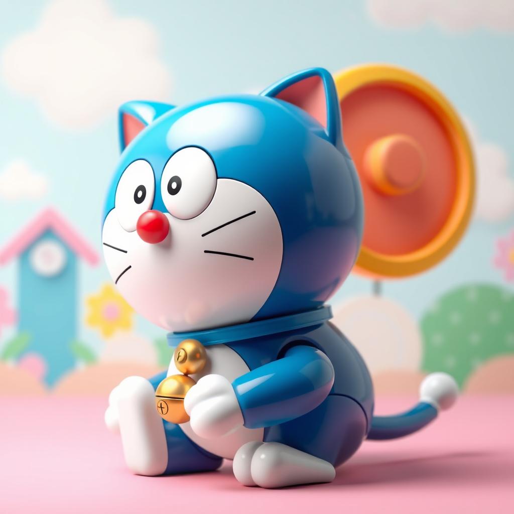 A highly detailed 3D model of Doraemon, the robotic cat from the popular anime, showcasing its iconic blue and white colors, large round face, and expressive eyes