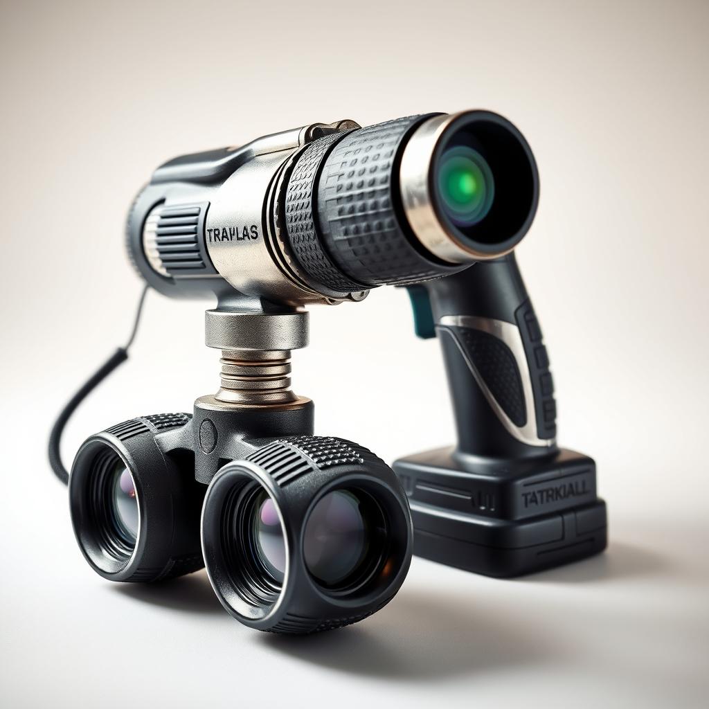 A creative fusion of a power drill and binoculars, showcasing the drill's metal casing seamlessly blending with the optics of binoculars