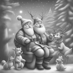 A charming black and white graphite pencil drawing in the style of Disney cartoons, featuring a delightful Christmas scene with Santa, a Christmas tree, elves, a reindeer, and a snowman