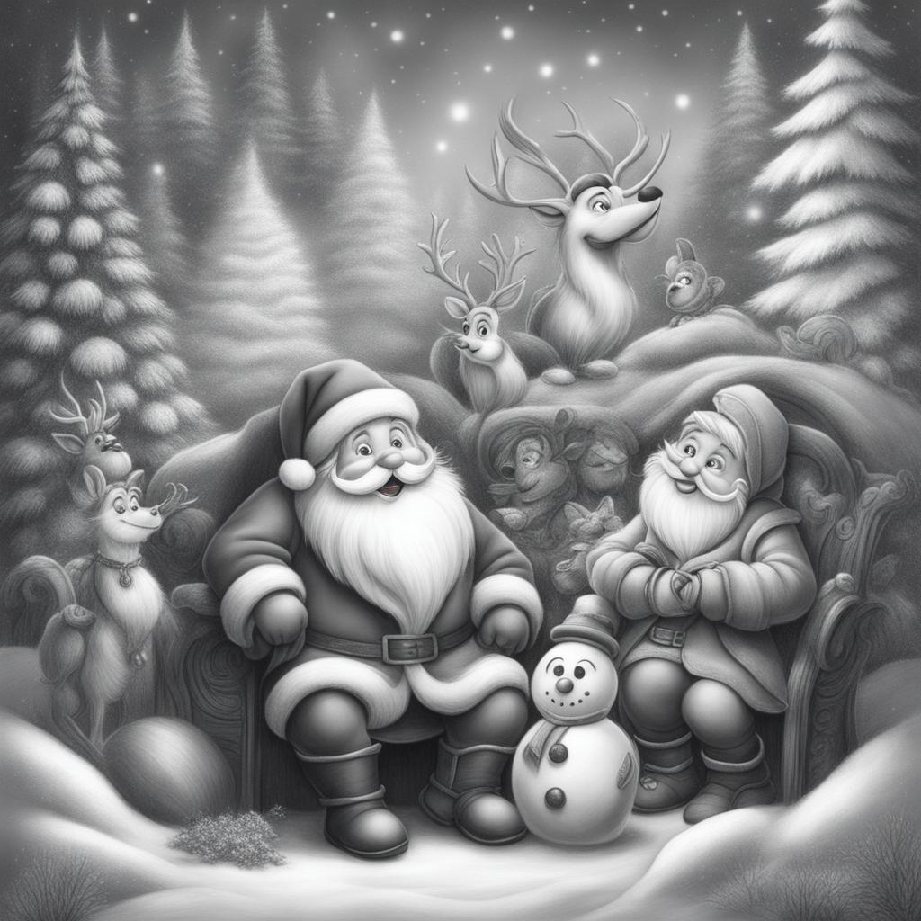 A charming black and white graphite pencil drawing in the style of Disney cartoons, featuring a delightful Christmas scene with Santa, a Christmas tree, elves, a reindeer, and a snowman