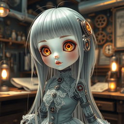 A mechanical doll designed in an anime style, featuring a delicate and intricate appearance