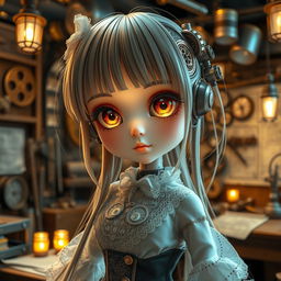 A mechanical doll designed in an anime style, featuring a delicate and intricate appearance