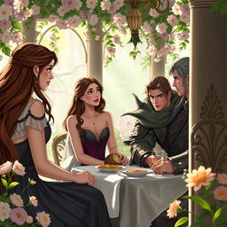 In a beautifully decorated spring court, Feyre and Tamlin are enjoying a cozy outdoor lunch, surrounded by blooming flowers and soft sunlight filtering through the leaves