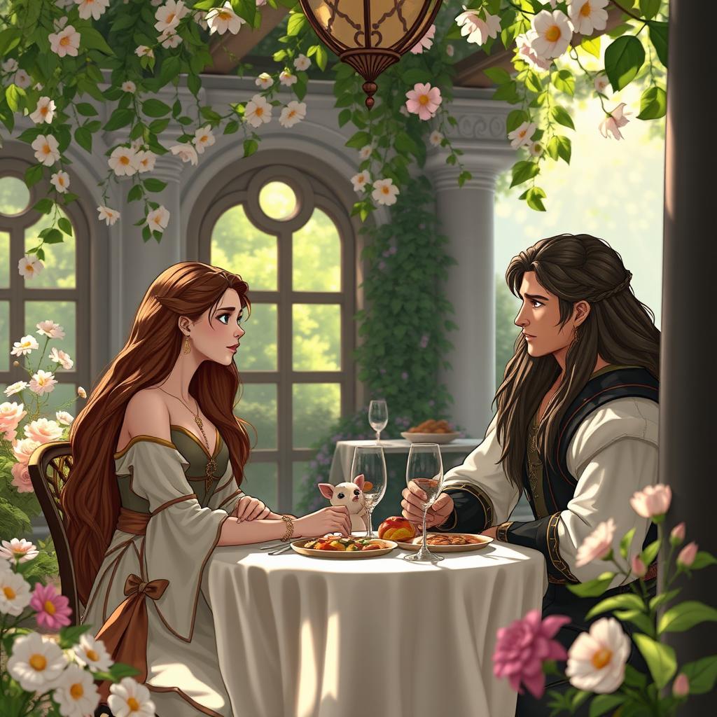 In a beautifully decorated spring court, Feyre and Tamlin are enjoying a cozy outdoor lunch, surrounded by blooming flowers and soft sunlight filtering through the leaves