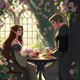 In a beautifully decorated spring court, Feyre and Tamlin are enjoying a cozy outdoor lunch, surrounded by blooming flowers and soft sunlight filtering through the leaves