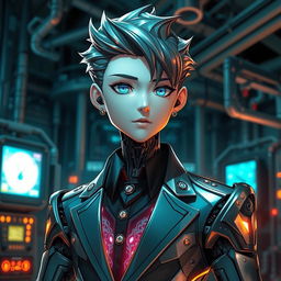 A mechanical doll designed in an anime style, featuring a male character with a sleek and sophisticated design