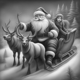 A charming black and white graphite pencil drawing in the style of Disney cartoons, featuring Santa Claus in his sleigh being pulled by reindeer